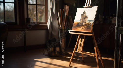 Lifestyle shot of canvas with paint on easel and wooden floor in the interior. Play of light and shadow photo