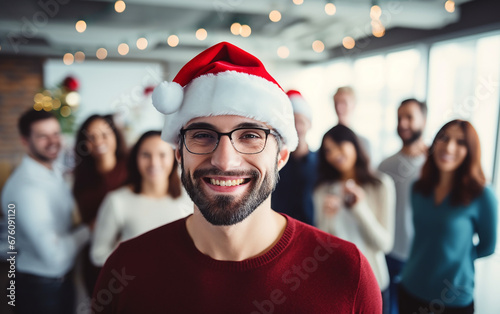 Office christmas party with happy smiling man wearing glasses in santa hat in the foreground