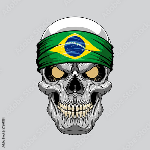 Evil skull in a bandana.Bandana in the style of the Brazilian flag. Highly detailed vector illustration.