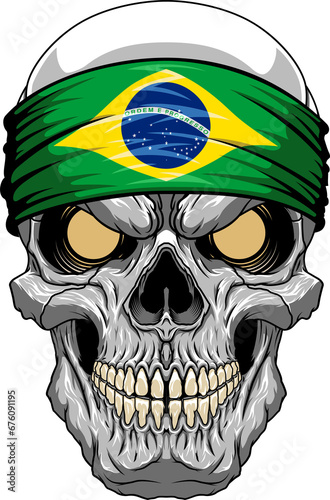Evil skull in a bandana.Bandana in the style of the Brazilian flag. Highly detailed illustration.