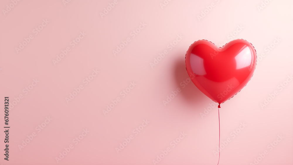 Romantic background with red heart shaped balloon on pink background with place for text.Valentines day