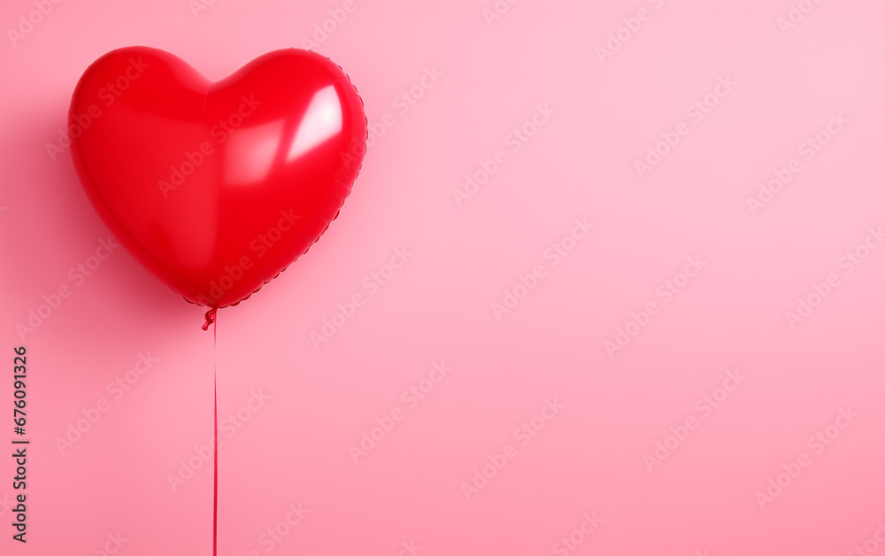 Romantic background with red heart shaped balloon on pink background with place for text