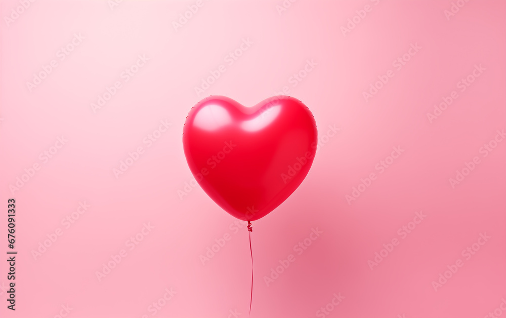 Romantic background with red heart shaped balloon on pink background.Valentines day