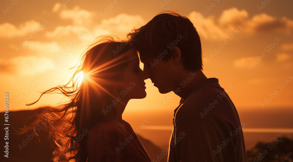 Cute couple kissing at sunset.Valentines day