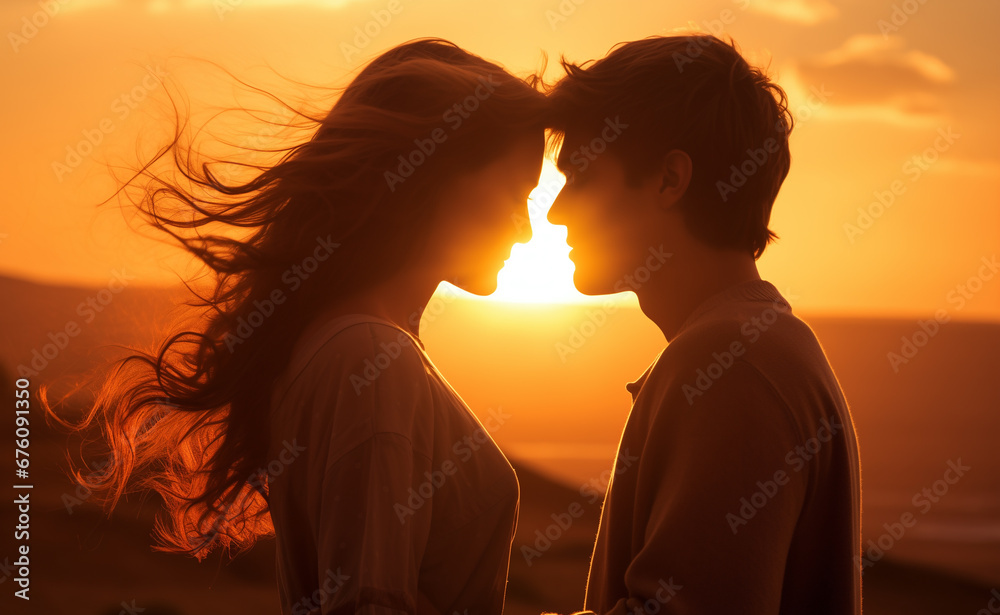 Cute couple kissing at sunset
