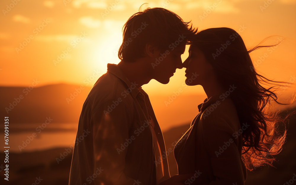 Cute couple kissing at sunset.Valentines day or anniversary concept. Banner with place for text