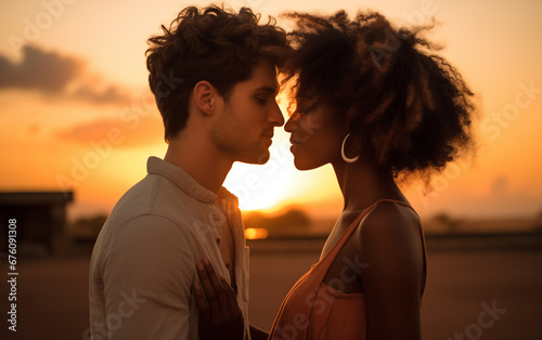 Profiles of romantic multiethnic couple kissing on background of sunset. Love,romance,valentines day