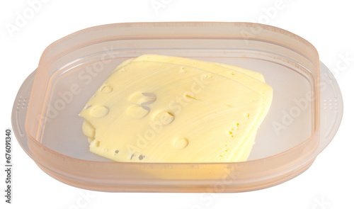 Slices of yellow cheese in a plastic container.
