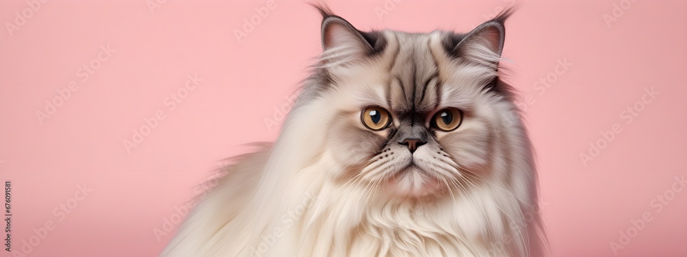 Persian cat on a pastel background. Cat a solid uniform background, for your advertising and design with copy space. Creative animal concept. Looking towards camera.
