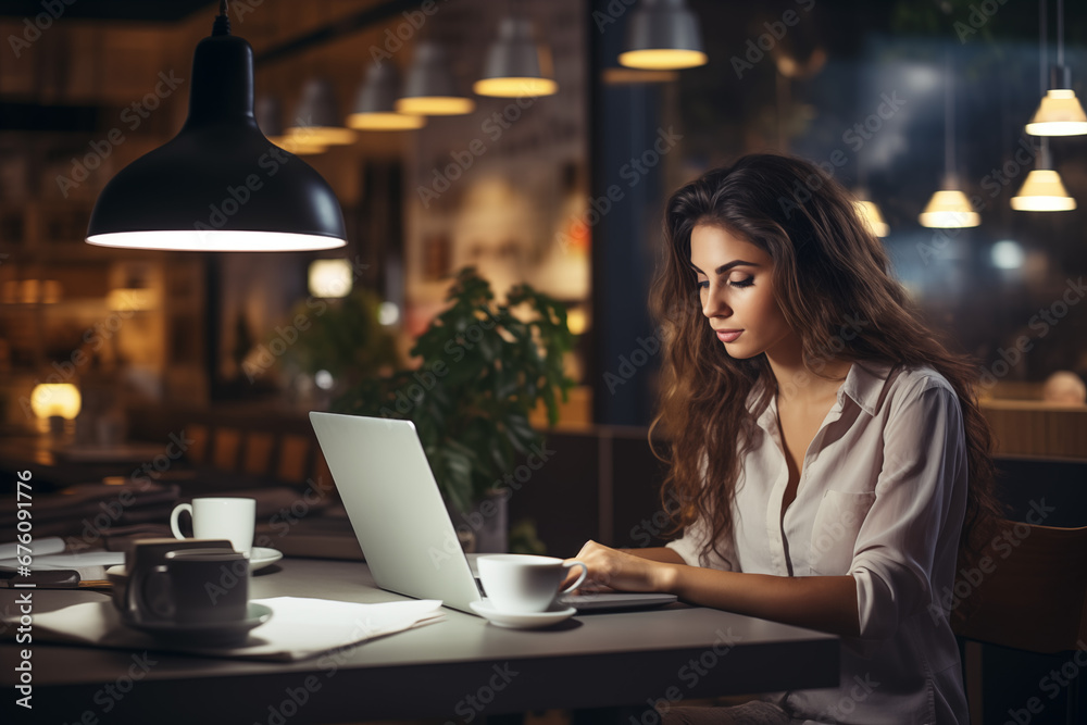 Freelance businesswoman designer, girl working in cafe, tattooed lady with laptop student studying, beautiful brunette, home office work Freelance businesswoman designer, girl working in cafe, tattooed lady with laptop student studying, beautiful brunette, home office work