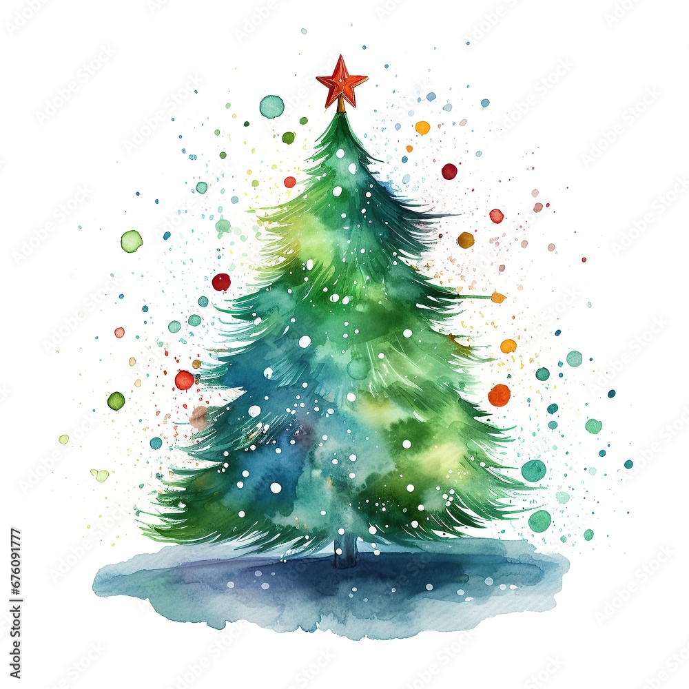 Vibrant watercolor Christmas tree with abstract snow splashes. Artistic hand-painted Christmas tree with colorful dots