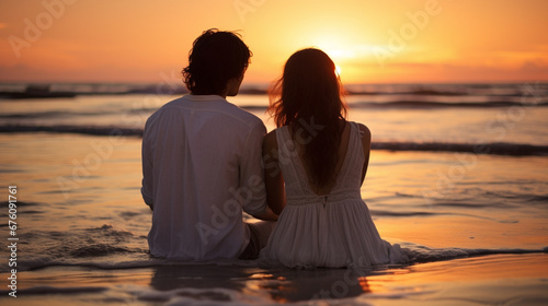 Rear view of couple looking at sunset while sitting on picnic blanket near sea.Generative AI