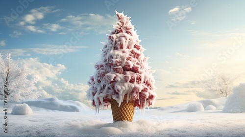 Whimsical ice cream Christmas tree in snow. Playful Christmas tree ice cream in winter wonderland. Festive frozen treat shaped like a snowy Christmas tree photo