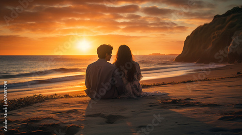 Rear view of couple looking at sunset while sitting on picnic blanket near sea.Generative AI © Anna