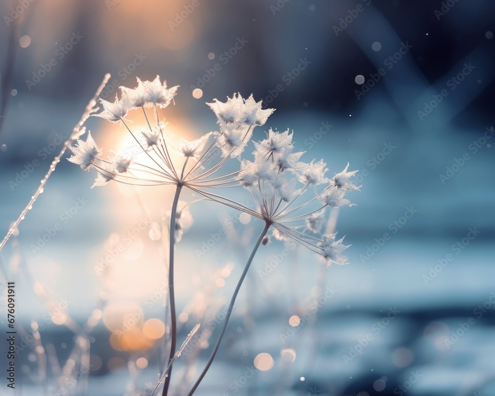 snow on the flowers with magic golden light