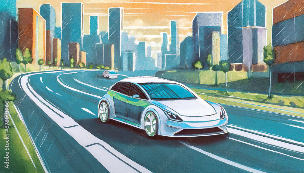 Autonomous self driving electric car change the lane and overtakes city vehicle