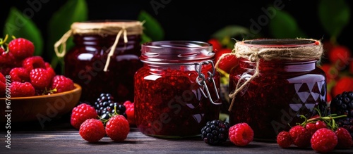 During autumn it s a pleasure to make homemade berry jam filling each glass jar with delicious red jelly made from the healthy fruits it s the perfect addition to Thanksgiving and Christmas  photo