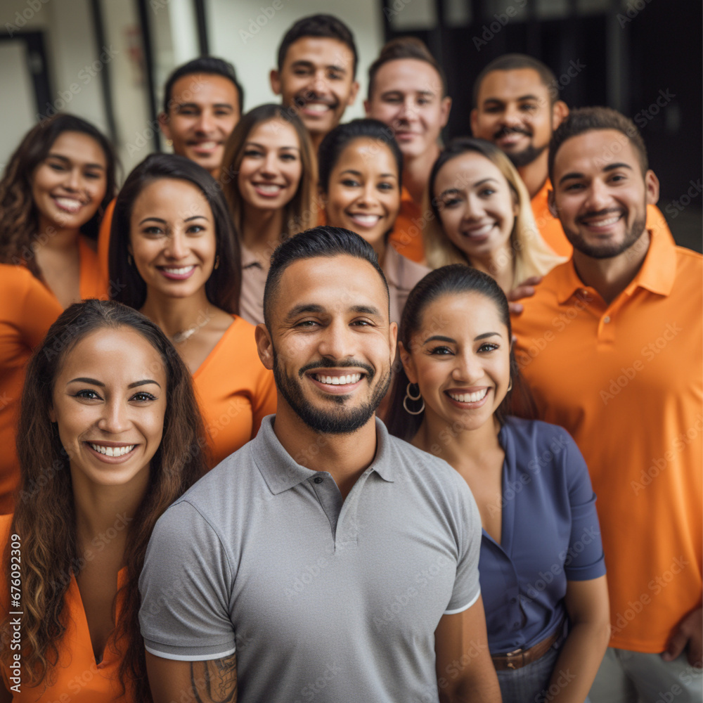 photograph of a group of 28-year-old Latinos, representing the area where they provide workshops, smiling, the background should be that of a commercial office with clothing in orange tones