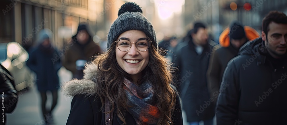 A happy woman is pictured in a black winter coat as she walks down a city street embodying the hipster lifestyle and enjoying her autumn vacation surrounded by people of different background - obrazy, fototapety, plakaty 