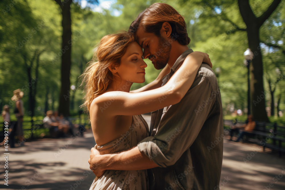 Fototapeta premium a happy couple hugging wrapped around in a park