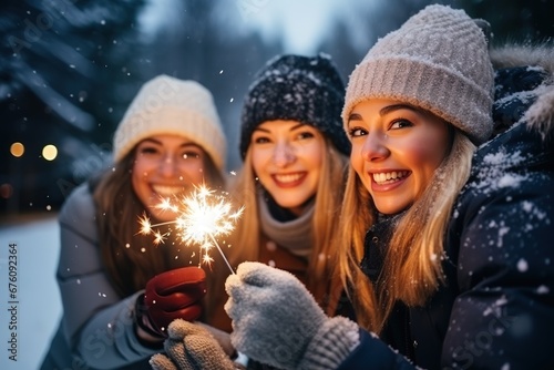 Drei Freundinnen mit Wunderkerzen draußen zu Silvester oder auf dem Weihnachtsmarkt. Brennende Wunderkerze und Fröhliche Gesichter der Frauen. photo