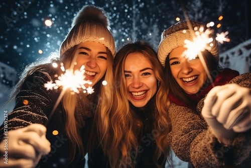 Drei Freundinnen mit Wunderkerzen draußen zu Silvester oder auf dem Weihnachtsmarkt. Brennende Wunderkerze und Fröhliche Gesichter der Frauen.