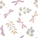watercolor graceful drawing of dragonflies and branches with leaves on a white background, abstract seamless pattern for wallpaper design, wrapping paper, greeting cards.