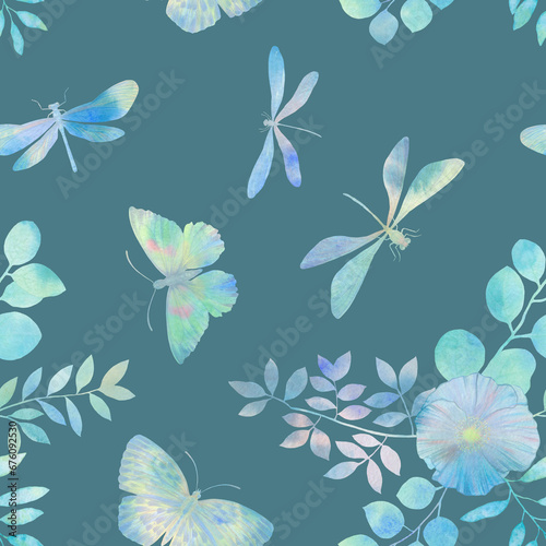 seamless pattern  watercolor butterflies leaves and dragonflies  on a green background