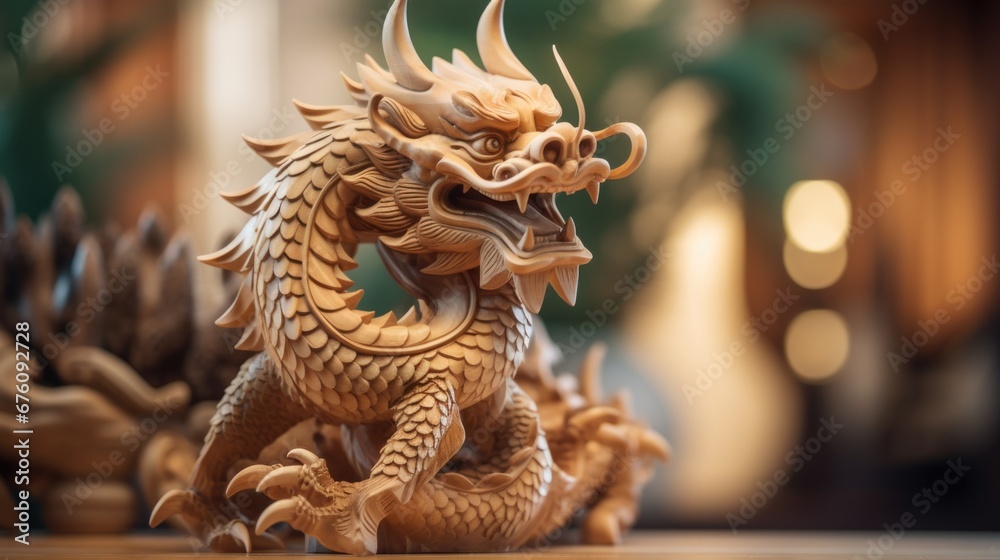 A wooden dragon statue on a table, AI - obrazy, fototapety, plakaty 