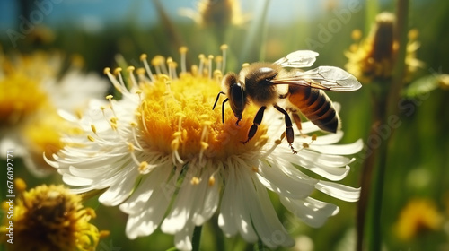 A honey bee collects pollen and nectar on flowers.Generative AI