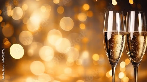 Illustration für eine Silvestergrußkarte als Hintergrund mit Platz für Text. Silvester Party Einladung mit Sektgläsern und goldenen Lichtern.