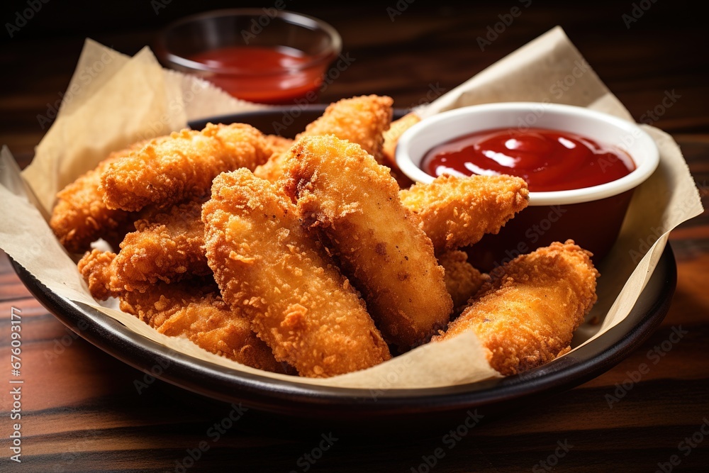 Frittierte Hähnchenflügel mit Ketchup im Bistro oder Imbiss serviert. Goldbraun gebackene Hähnchenflügel auf einem Teller. Frittierte Hähnchenflügel mit Ketchup im Bistro oder Imbiss serviert. Goldbraun gebackene Hähnchenflügel auf einem Teller.