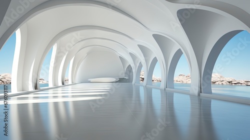 Futuristic white corridor with arches reflecting on glossy floor, minimalist sphere centered in a tranquil, spacious interior design.