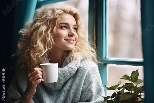 Junge Frau schaut mit einem warmen Kaffee in der Hand aus dem Fenster. Draußen ist es Winter, mit Schnee und kalt. Frau wärmt sich mit einem heißen Getränk in der Gemütlichen Wohnung auf.   photo