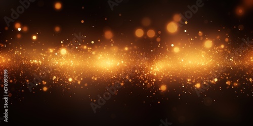 Hintergrund - Goldene Lichter funkeln in der Dunkelheit. Energie, wie bei einem Feuerwerk, strömt durch die Luft. Ideal als Banner oder für Webseiten als Grundlage. Blitze und kleine Explosionen.