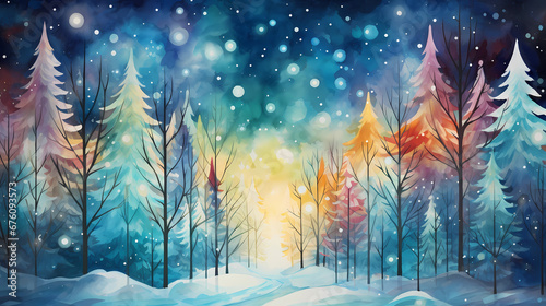 Magical Forest Festivity: Christmas Trees Aglow with Radiant Lights Against a Vibrant Watercolor Sky © mixedbyclaudio