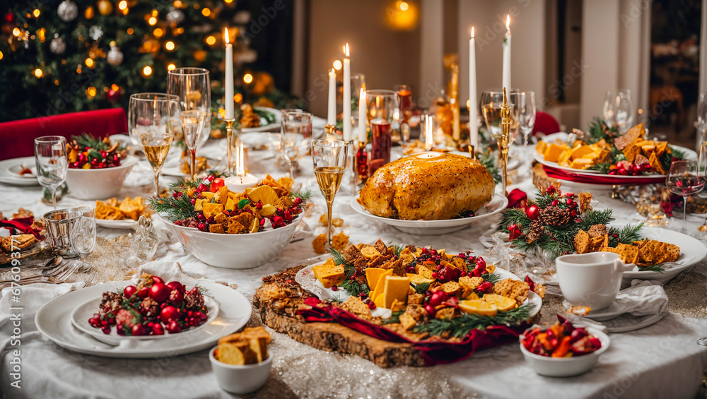 Holiday table with different Christmas snacks