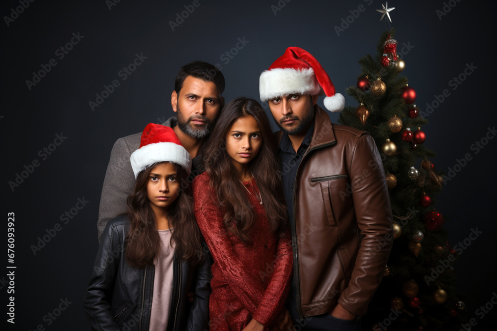 Fototapeta premium Sad unhappy African-American family spouses couple husband wife in red Santa Christmas hats and kid child hugging each other upset because of holiday cancellation. Xmas holidays celebrating concept. 