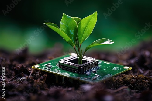 A green circuit board sprouts a small, leafy tree.