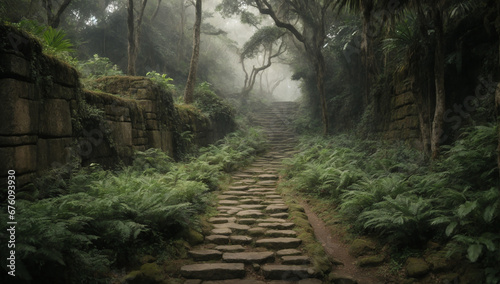 Ancient stone pathway leading deeper into the mysterious jungle - AI Generative