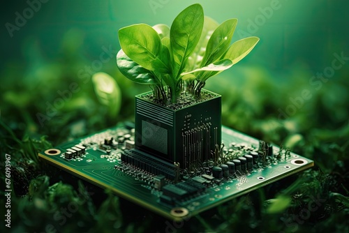 A green circuit board sprouts a small, leafy tree. photo