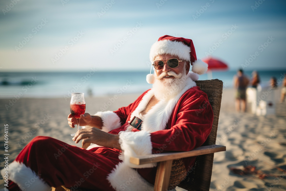 Obraz premium A man in a red Christmas suit holds a glass of wine and sits in a chair on the beach against a blurred background of the sea. The concept of holiday and good mood.