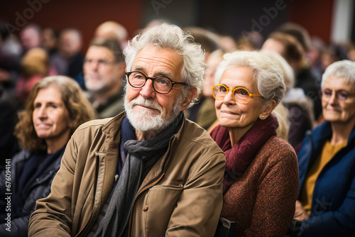 Elderly people watching a play in the theater.