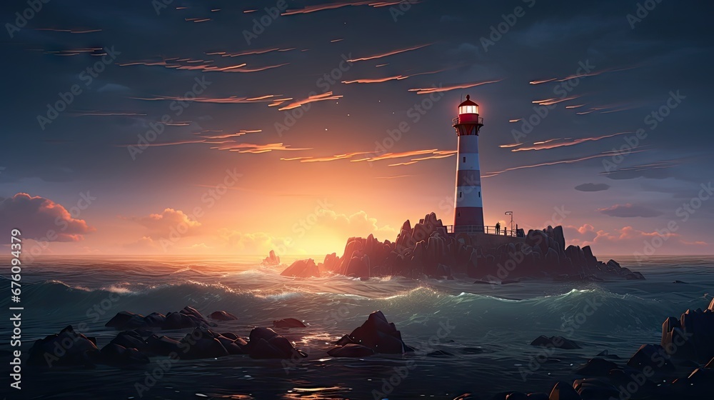  a painting of a lighthouse in the middle of a body of water with a sunset in the background and clouds in the sky.  generative ai
