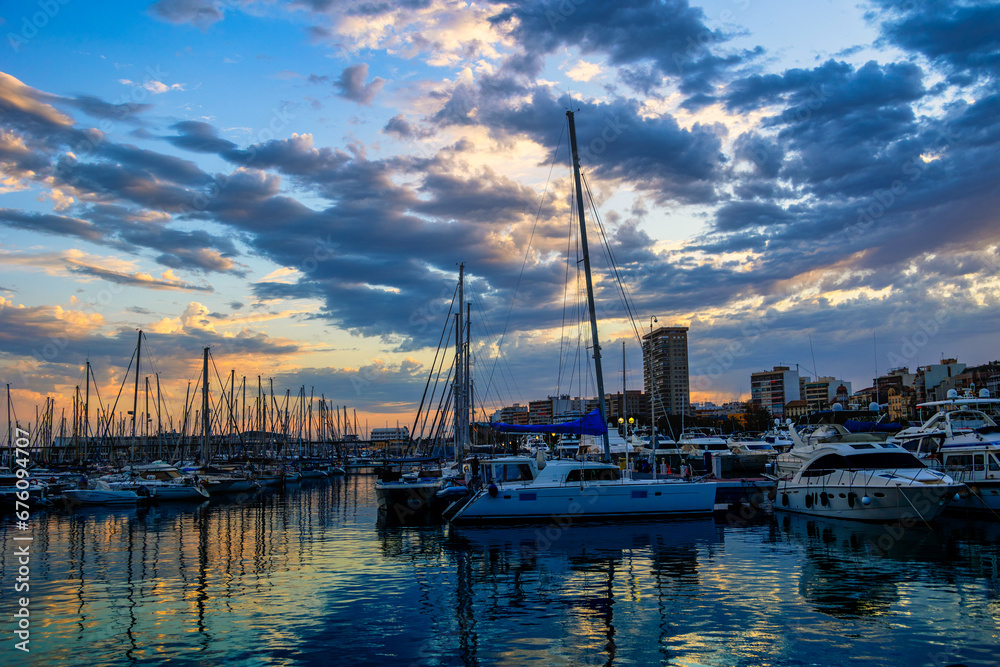  landscape after sunset on the port of Alicante Spain sky with clouds