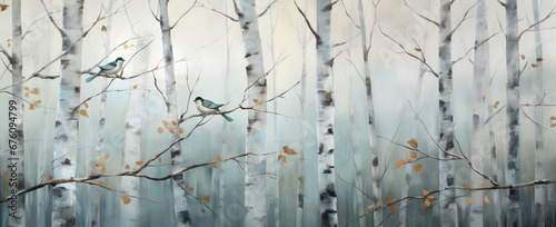 Two birds are sitting on a branch in birch woods.