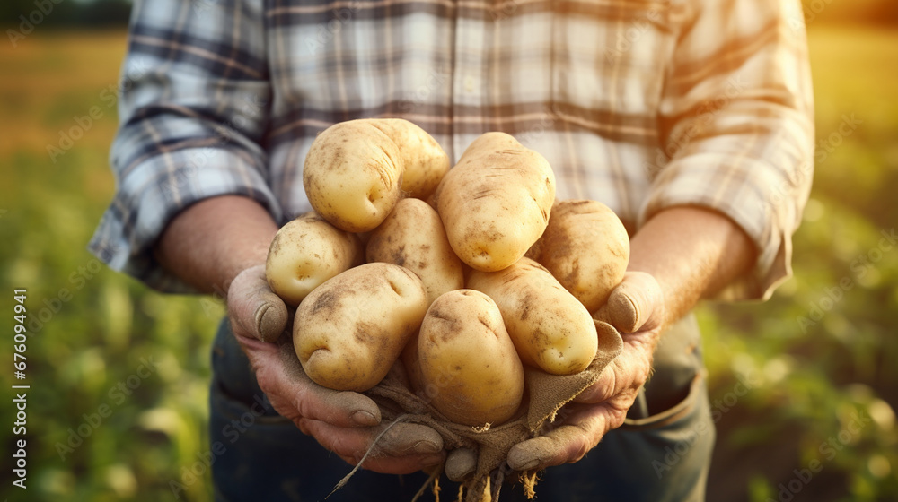 Farmer holds freshly picked potatoes in the field. Harvesting organic vegetables. Generative AI Farmer holds freshly picked potatoes in the field. Harvesting organic vegetables. Generative AI