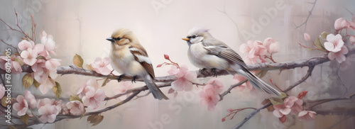 Tableau sur toile Paintings of birds on the branch of cherry blossoms.