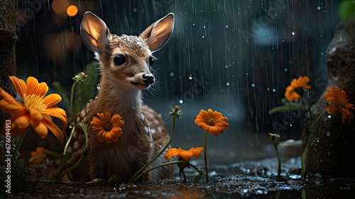  a baby deer sitting in the rain surrounded by orange flowers and daisies, with rain falling down on him. generative ai