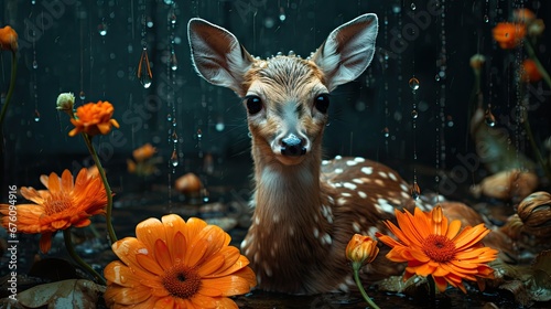  a young deer is sitting in the rain surrounded by orange flowers and daisies, with rain falling down on it. generative ai
